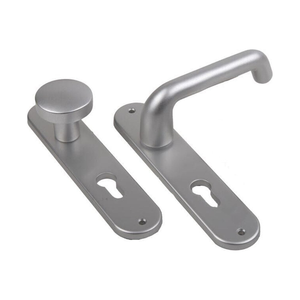 Langschildgarnituren, afgerond, Aluminium, 200 x 43 mm, PC72, type 386, per garnituur