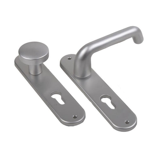 Langschildgarnituren, afgerond, Aluminium, 200 x 43 mm, PC72, type 386, per garnituur