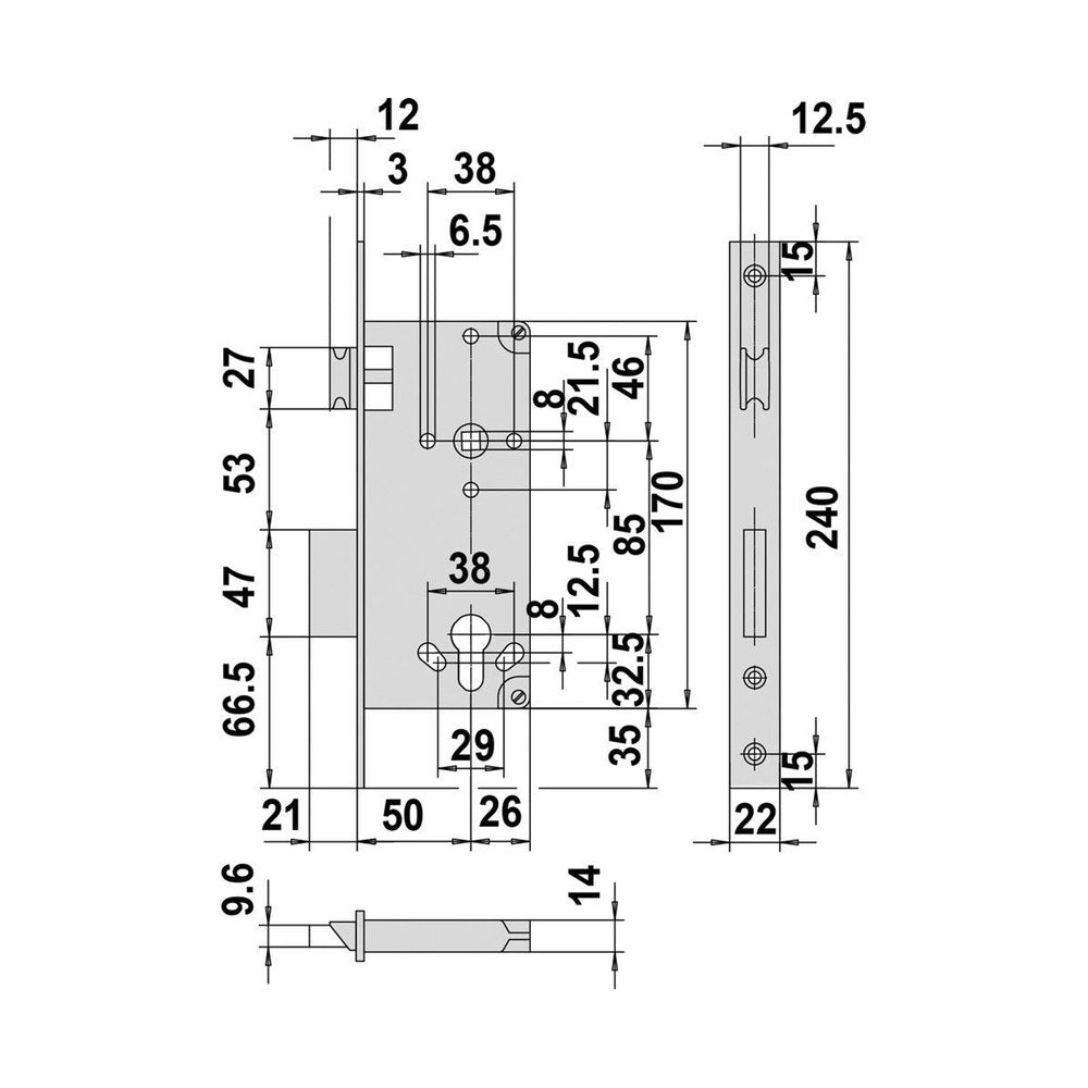 Cilinderslot (dag en nacht), recht, Messing, 240 x 22 mm, doornmaat 50 PC85