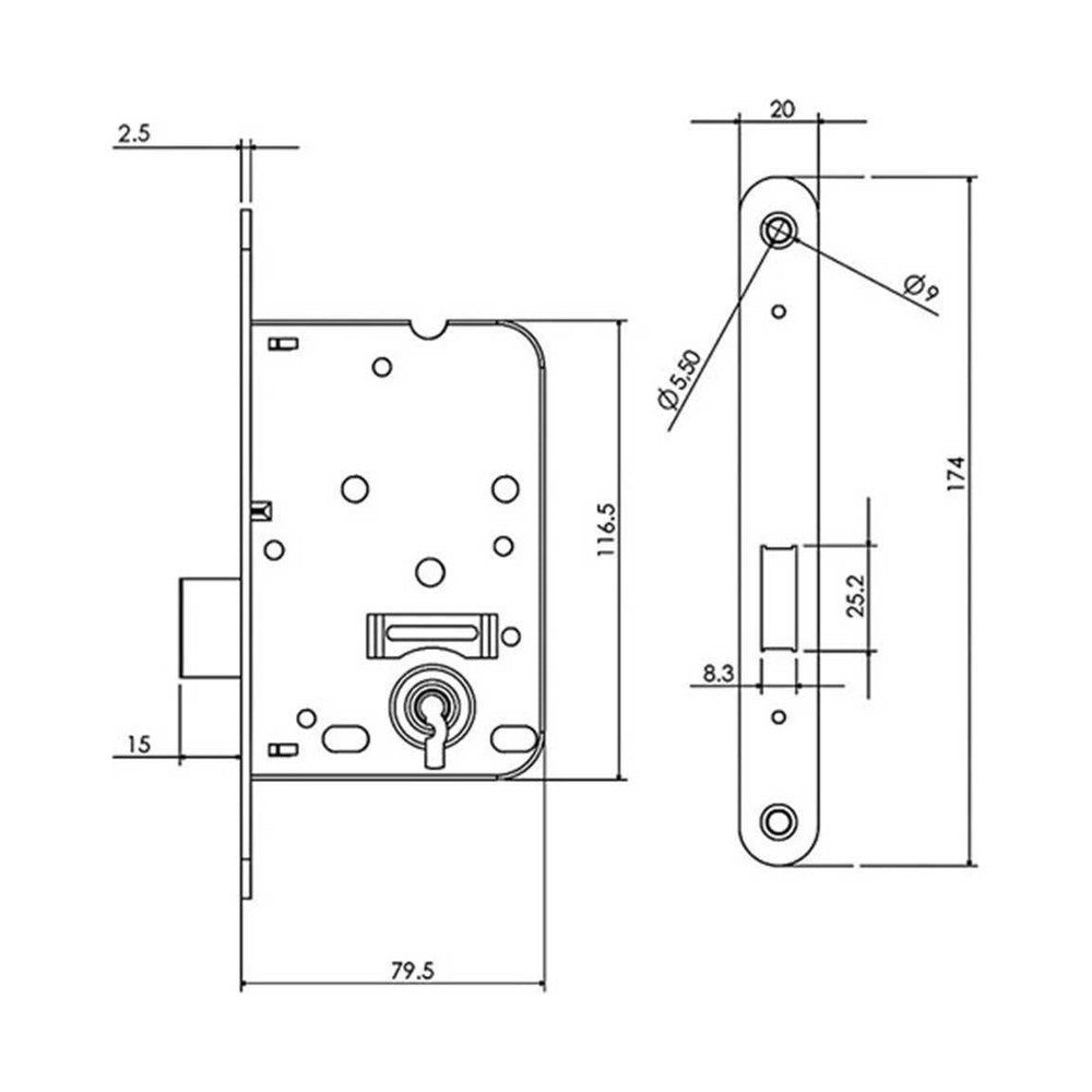 Kastslot, RVS, 174 x 20 mm, doornmaat 50, doornmaat 50 mm