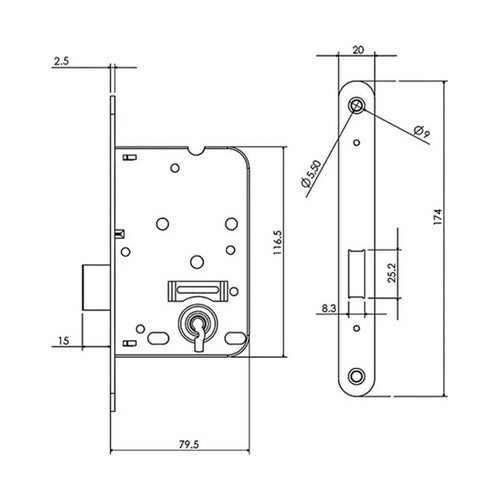 Kastslot, RVS, 174 x 20 mm, doornmaat 50, doornmaat 50 mm