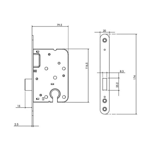 Kastslot, RVS, 174 x 20 mm, doornmaat 50, doornmaat 50 mm, cilindergat