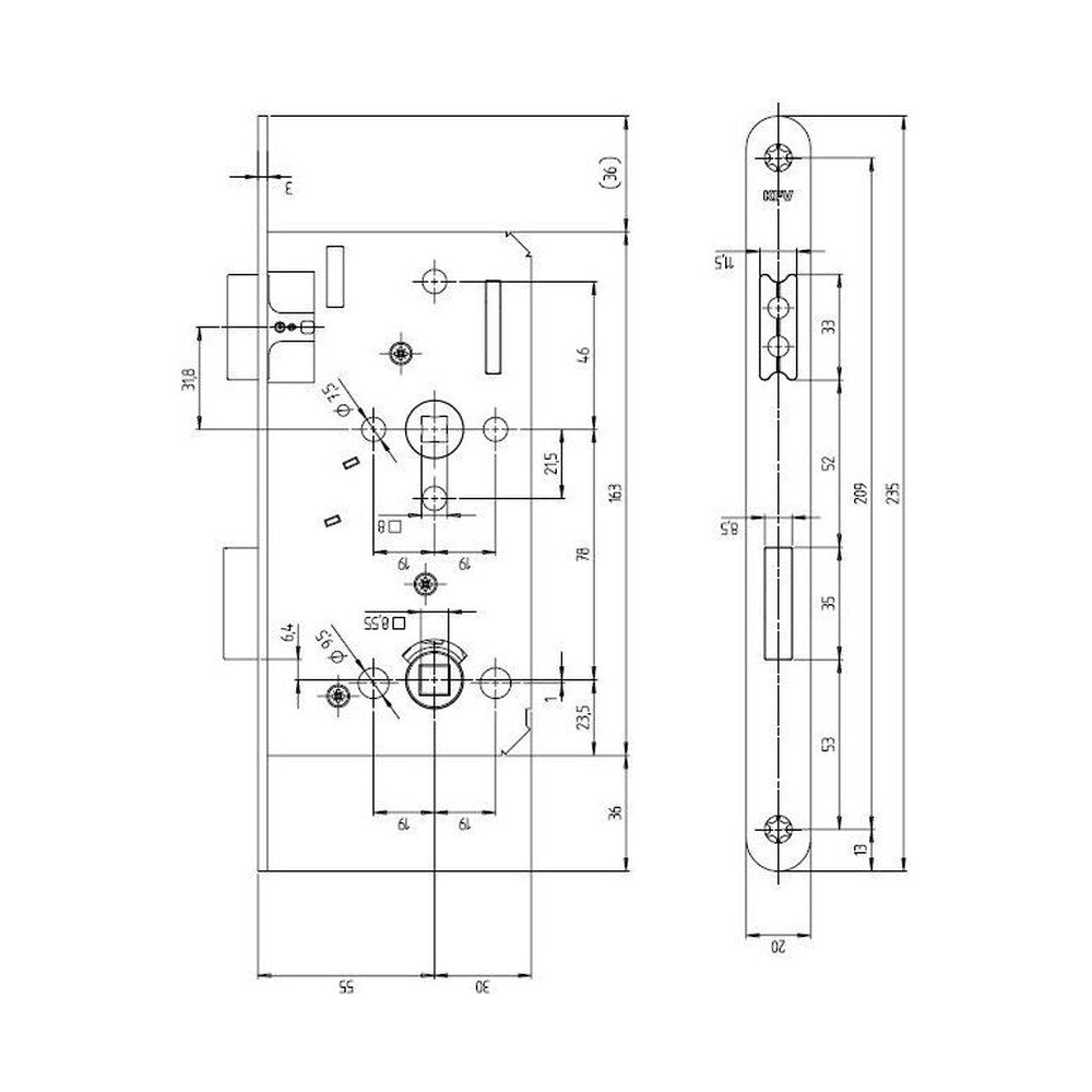 Toiletslot, RVS, 235 x 20 mm, doornmaat 55 WC78